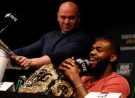 NEW YORK, NY - APRIL 27:  Jon Jones speaks at a press conference with UFC president Dana White at a media availability for UFC 200 at Madison Square Garden on April 27, 2016 in New York City. (Photo by Jeff Zelevansky/Getty Images)